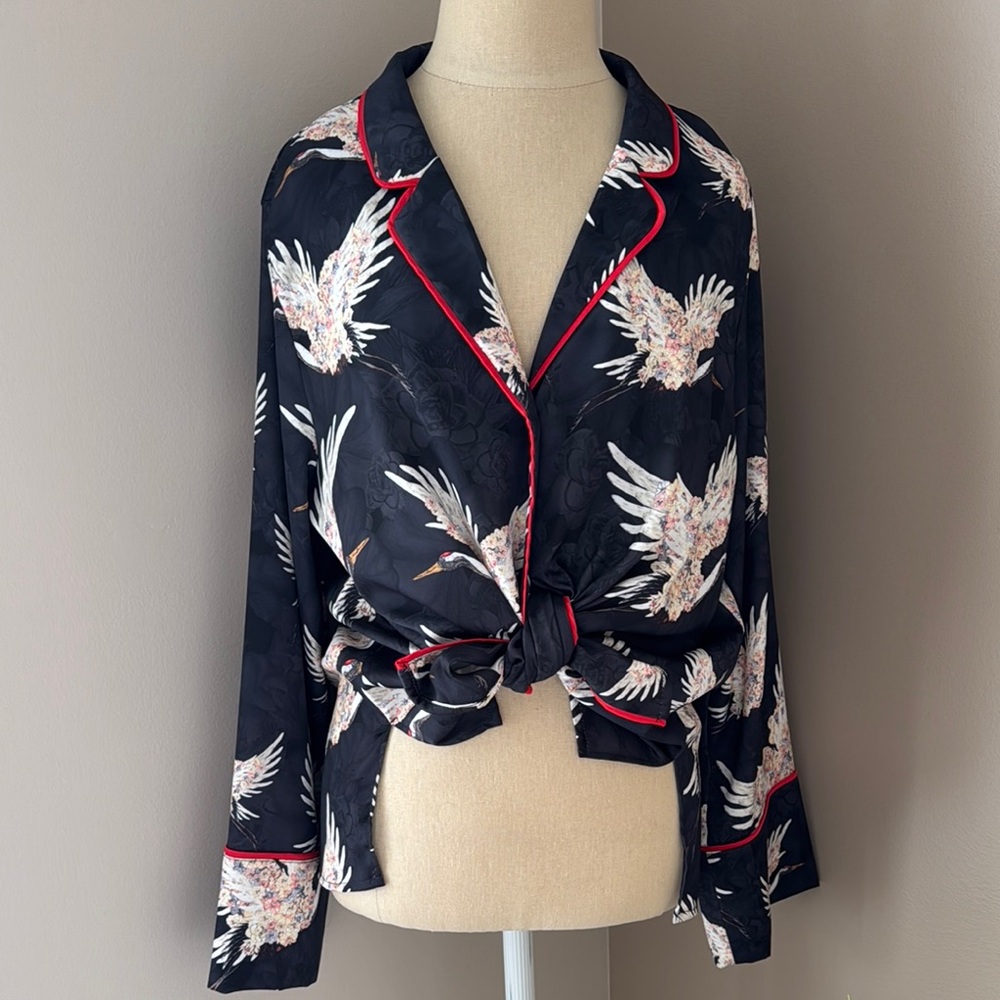 Black satin Top with Bird Print and Red Trim great with jeans or black dress